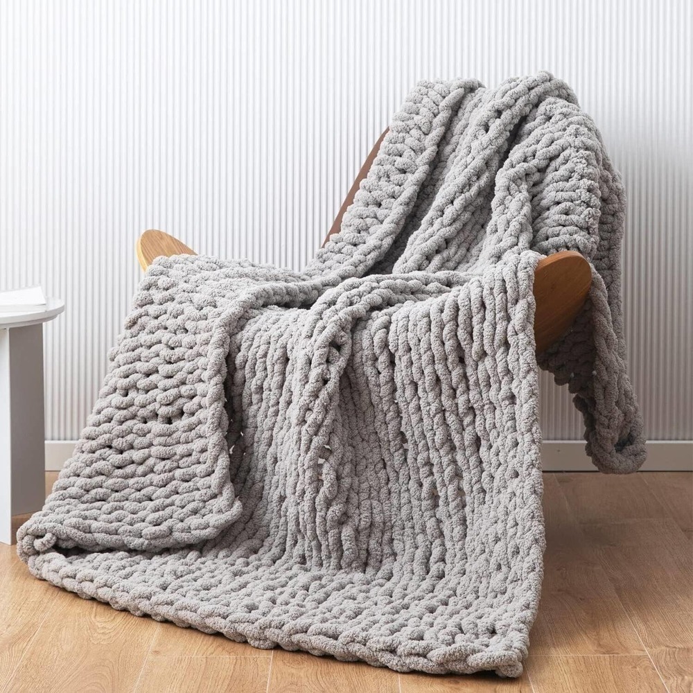 Gray Chunky Knit Throw Blanket with Braided Texture